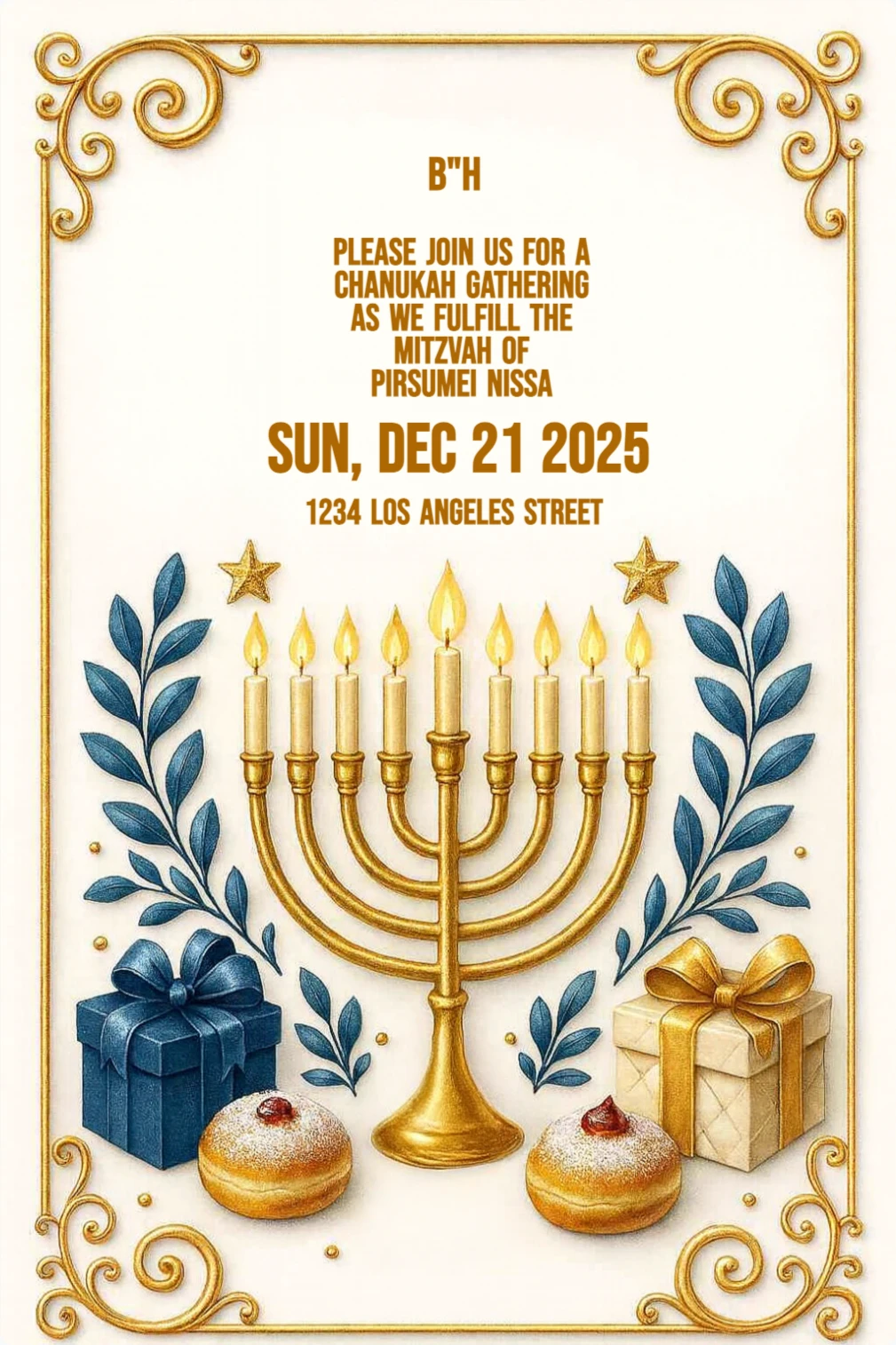 Hanukkah invitation card with golden menorah, lit candles, sufganiyot, gift boxes, blue leaves, and ornate gold border.