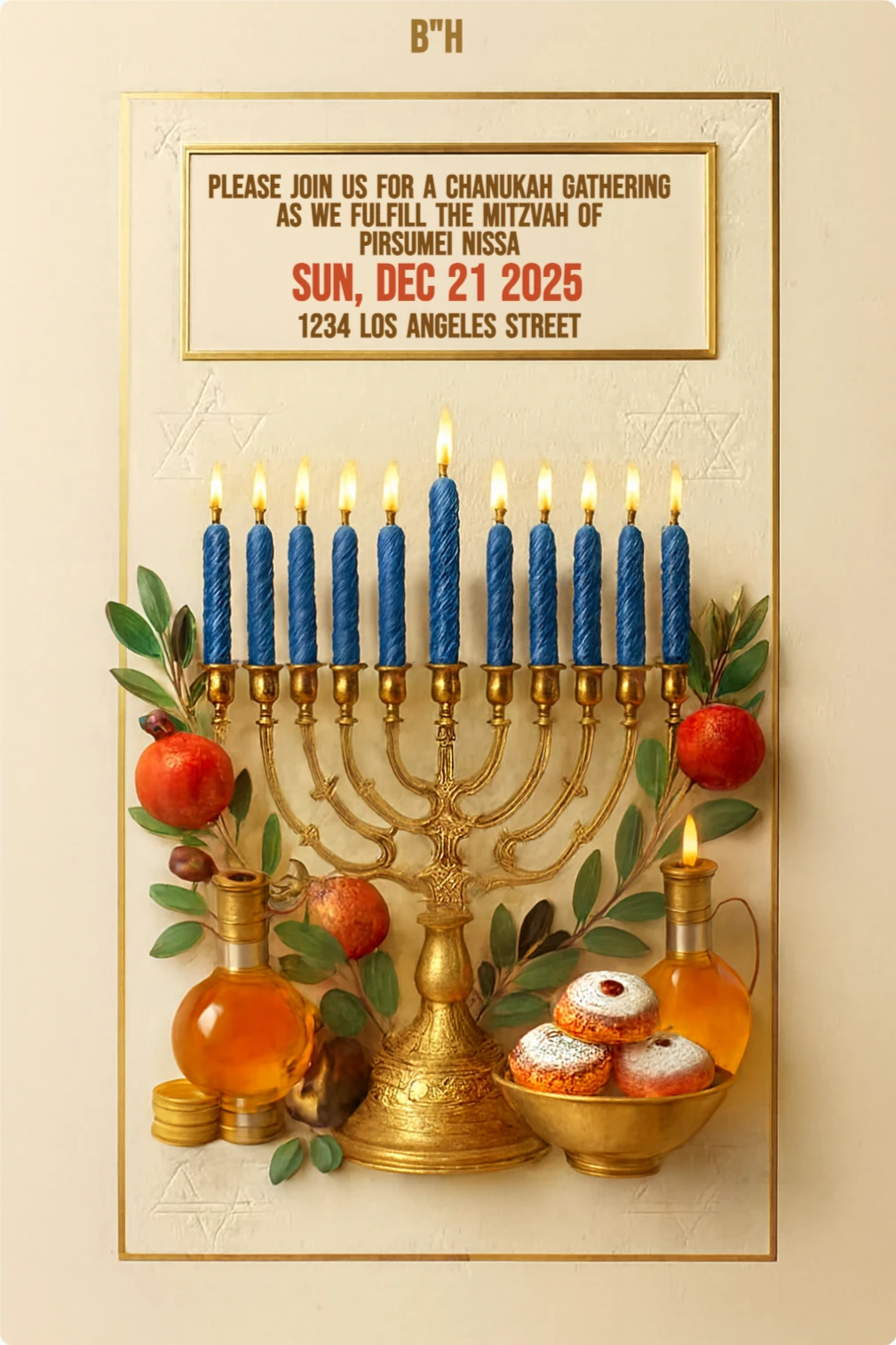 Photorealistic Hanukkah card with golden menorah, nine lit candles, two glowing oil jars, ornate gold border, and blank cream center for custom text.