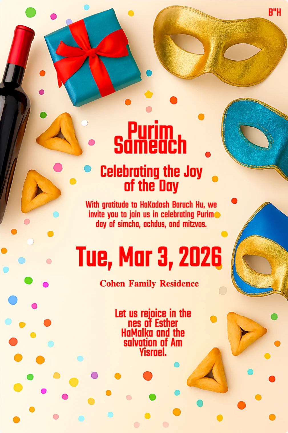 Purim card with wine bottle, gift box, hamantaschen, colorful masks, and confetti on beige background