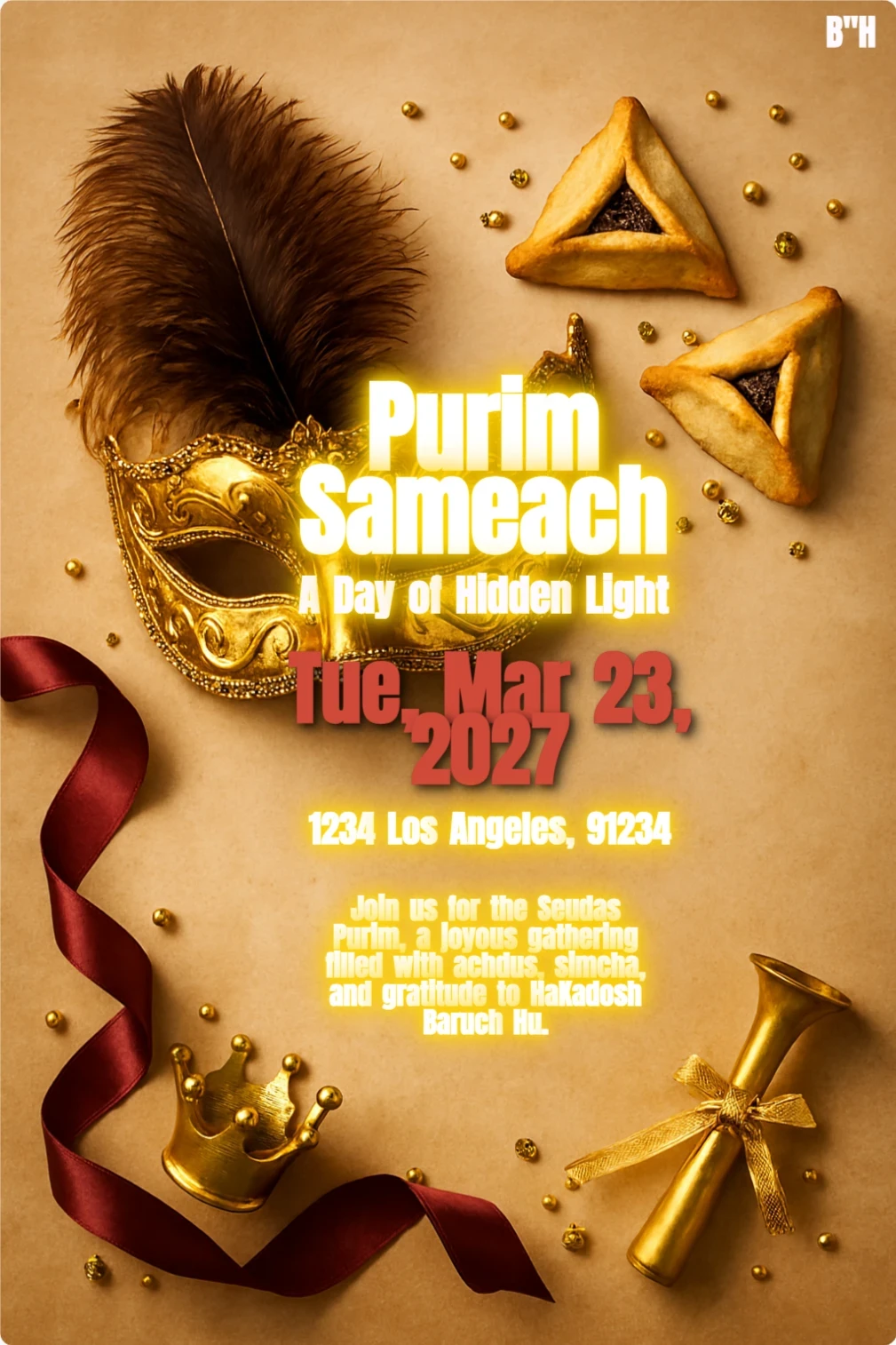 Purim card with gold mask, crown, hamantaschen, grogger, ribbon, and festive decorations on dark background