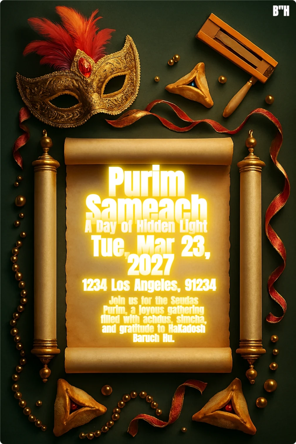 Elegant Purim invitation card with golden scroll, Venetian mask with red feathers, golden Hamantaschen cookies, red ribbons, and gold beads on a dark green background