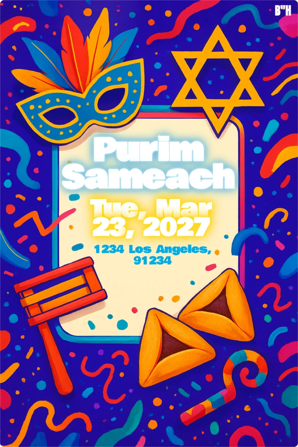 Purim celebration card with colorful mask, Star of David, grogger, hamantaschen cookies, and confetti on a dark blue background with a blank space for text.