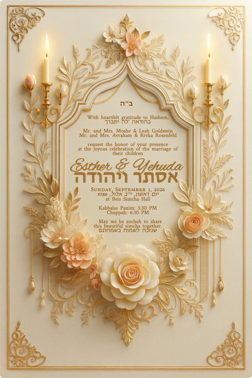 Ornate ivory and gold decorative card with an arched frame, embossed roses and blossoms, gold filigree details, and two lit candle sconces, featuring soft blush and champagne tones in a photorealistic, three‑dimensional style.