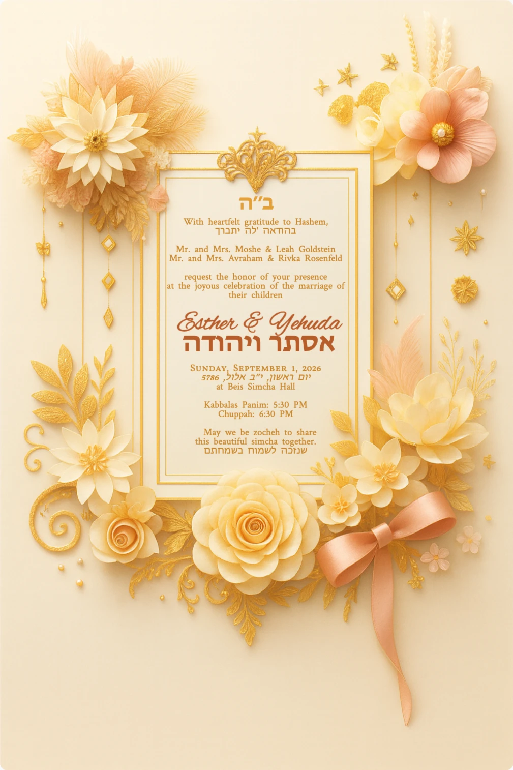 Luxury Jewish wedding invitation with gold-bordered center panel, cream and blush paper flowers, gold filigree, pearls, and satin ribbon bow in a photorealistic full‑bleed design.