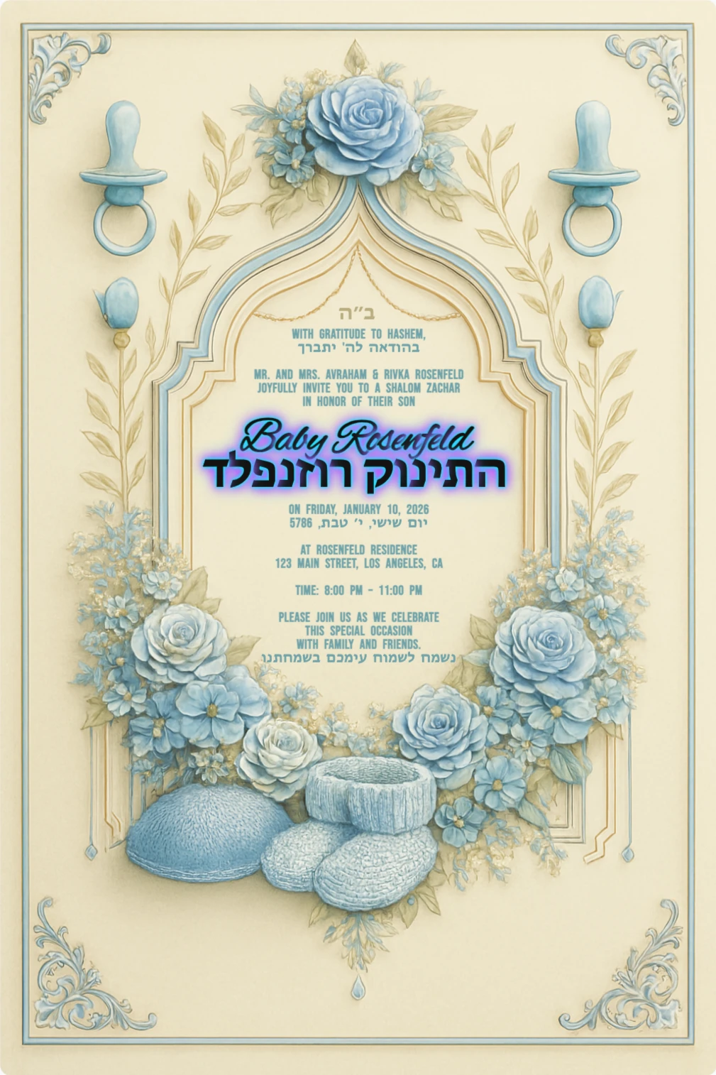 Elegant Shalom Zachar invitation card with ornate cream and gold frame, blue roses, pacifiers, and baby booties on a soft ivory background.