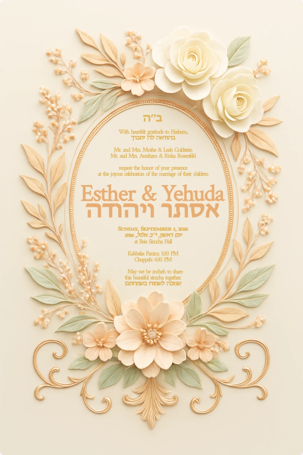 Elegant wedding invitation card with cream, peach, and light green floral frame on a soft beige background, featuring a blank oval center.