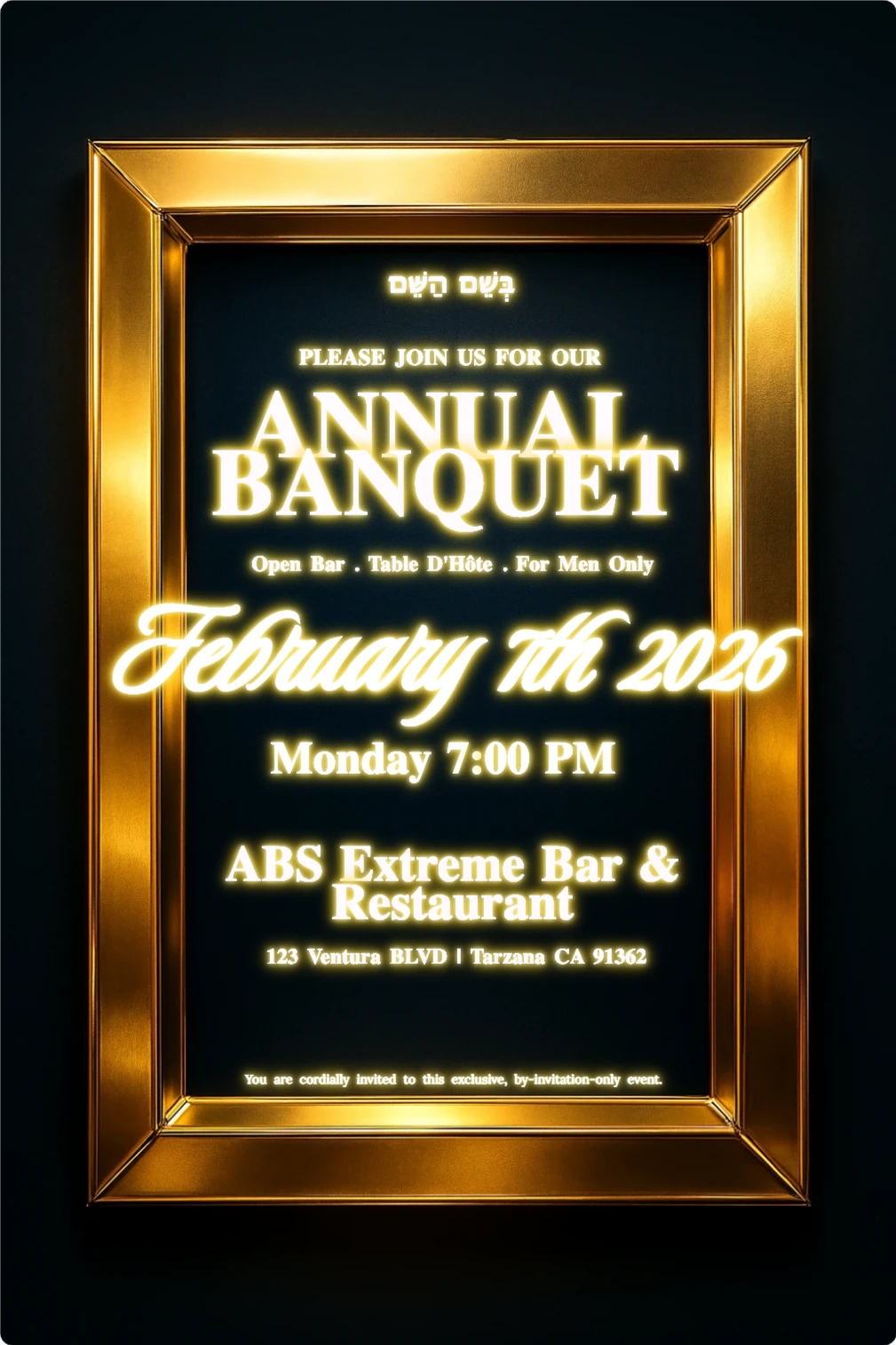 A sophisticated event invitation template design. It features a bright gold rectangular frame set against a dark black background. The layout includes placeholders for a main title, date, time, location, and a central stylized pink dove graphic.