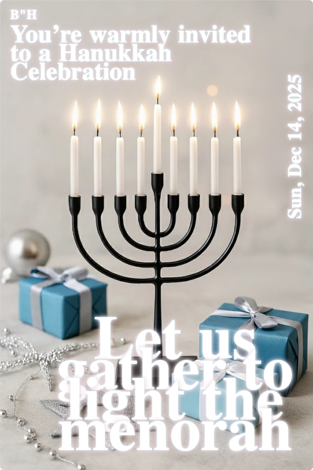 A sleek black metal menorah with nine lit white candles stands centrally on a grey surface