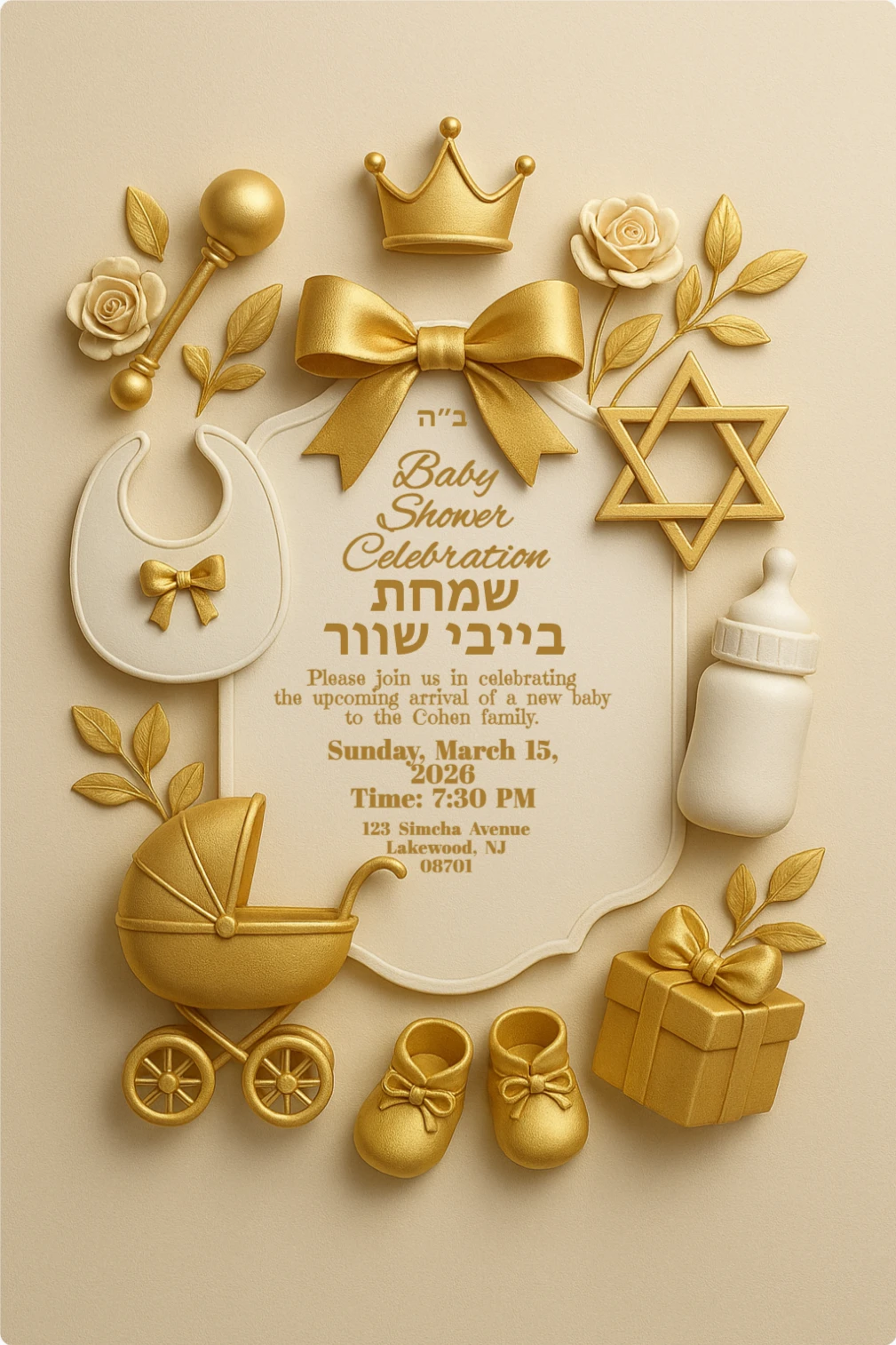 Gold and ivory Jewish baby shower card with a 3D decorative frame of baby items, floral accents, a Star of David, and a crown, surrounding an empty center for text.
