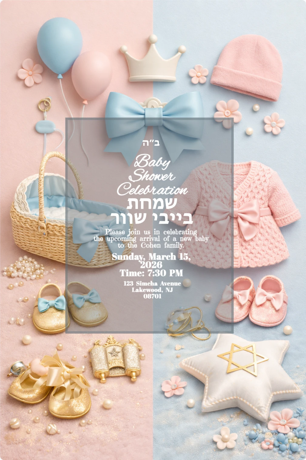 Jewish baby shower card with pink and light blue colors, featuring baby clothing, shoes, and a baby carriage.