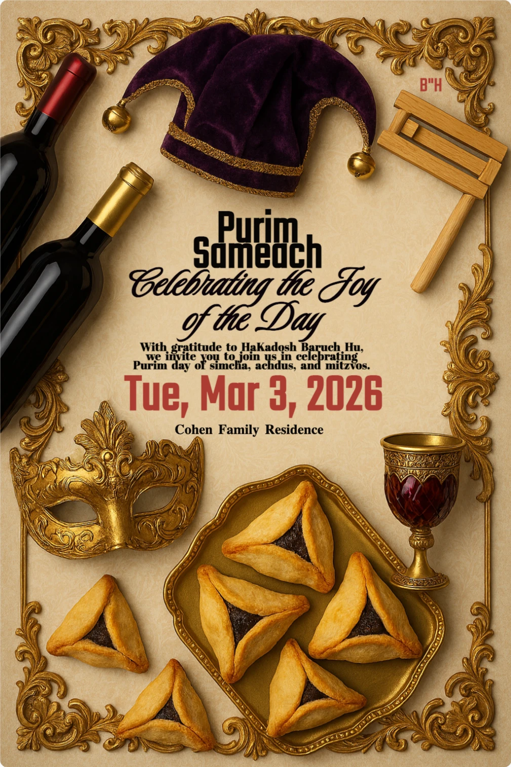 Purim Sameach invitation template with gold baroque border, purple jester hat, masquerade mask, hamantaschen pastries, wine bottles, and Kiddush cup. 