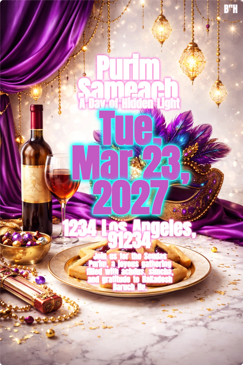 Modern realistic Purim-themed image with elegant lighting, festive masks, and a clean minimalist design, presented in a stylish contemporary aesthetic.