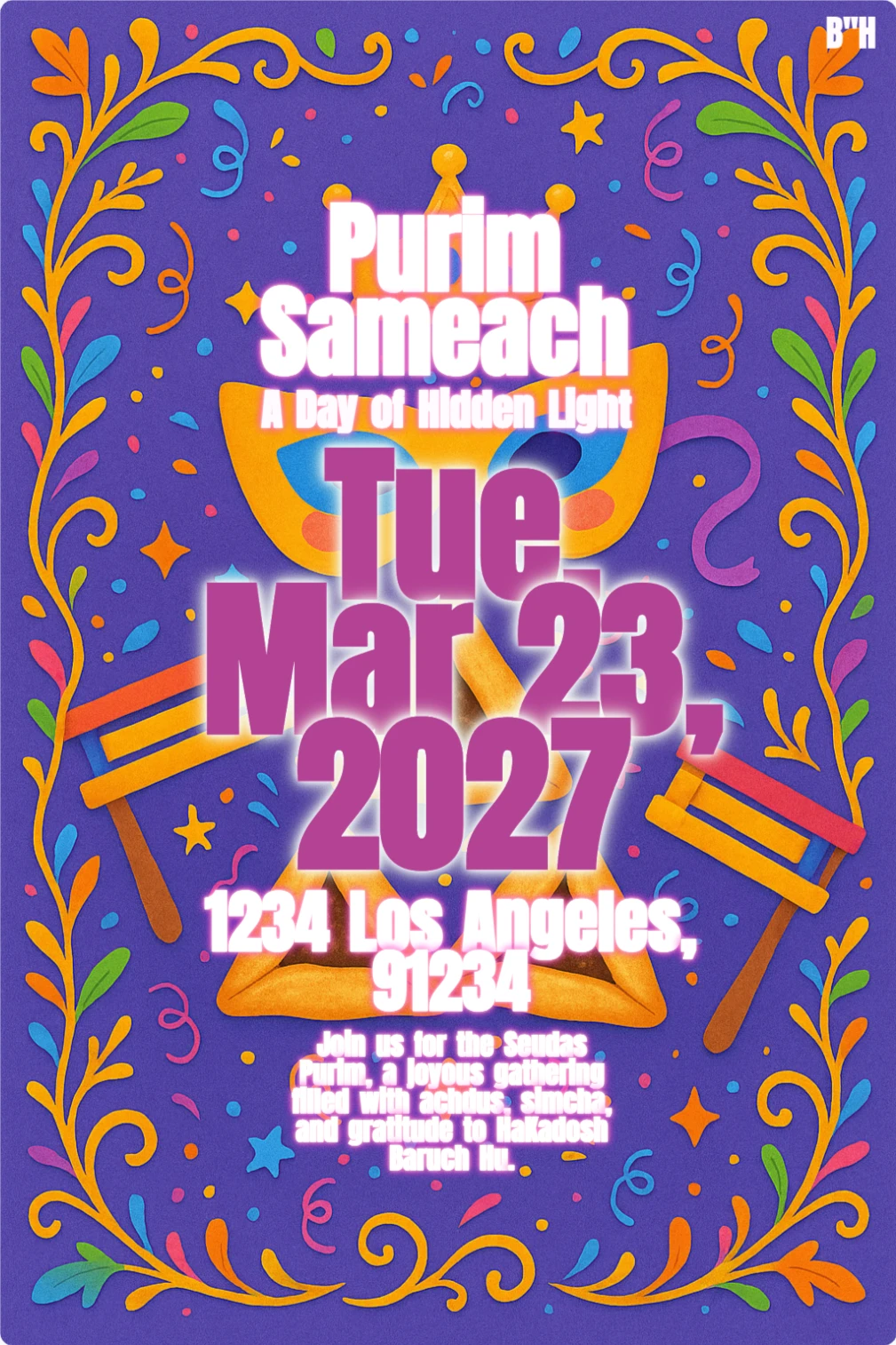 Colorful Purim celebration card featuring traditional hamantaschen cookies, festive masquerade mask, royal crown, and graggers on a purple background with decorative floral borders.