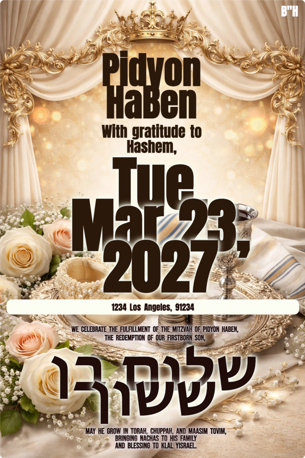 Pidyon HaBen electronic card with silver redemption coins, Kiddush cup, and baby shoes on an ornate gold tray, Jewish newborn redemption ceremony, elegant traditional Jewish celebration image