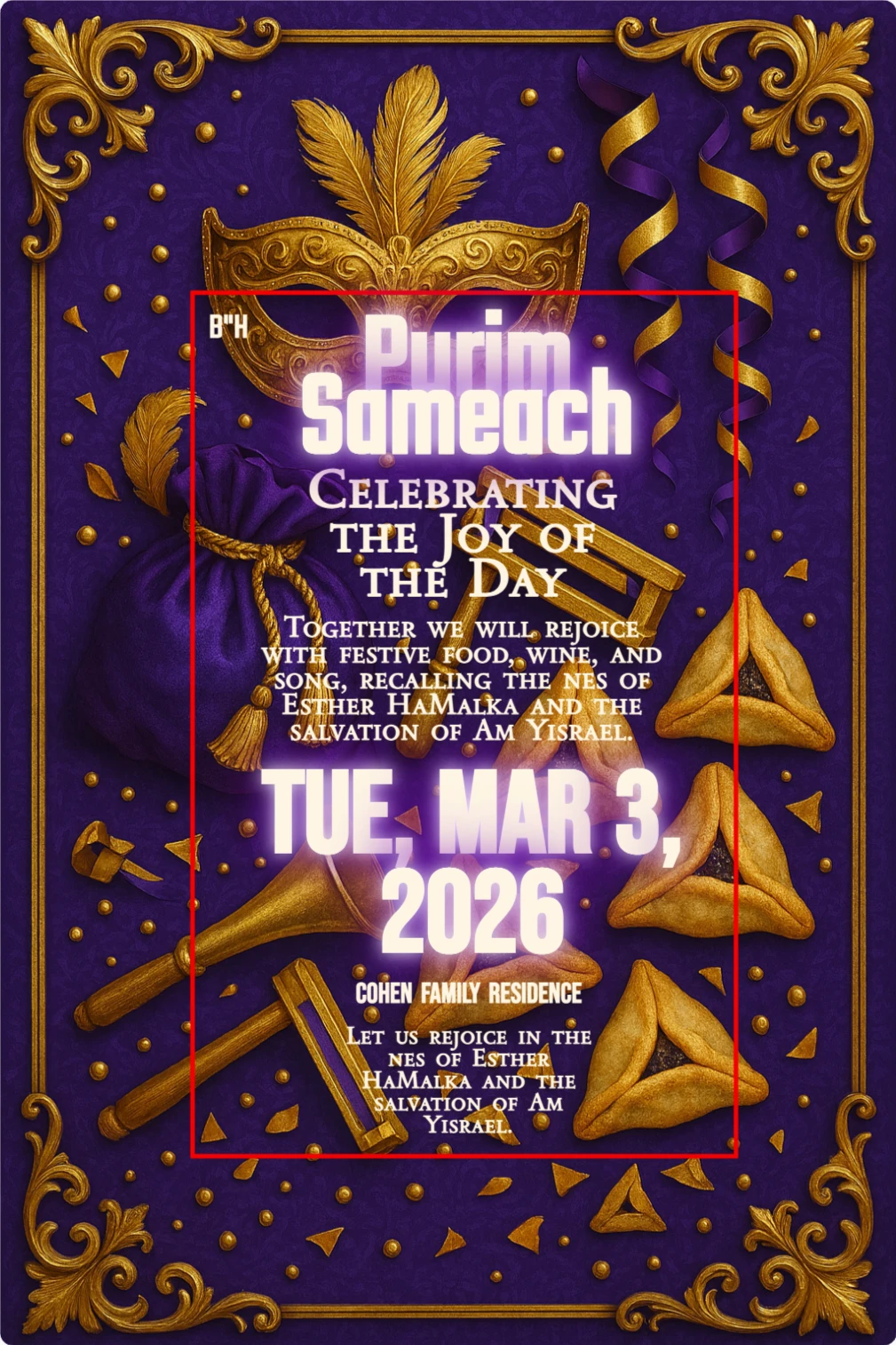 A vibrant and joyful Purim celebration layout. A golden masquerade mask, five poppyseed hamantaschen, and wooden noisemakers (graggers) are arranged on a royal purple background. 