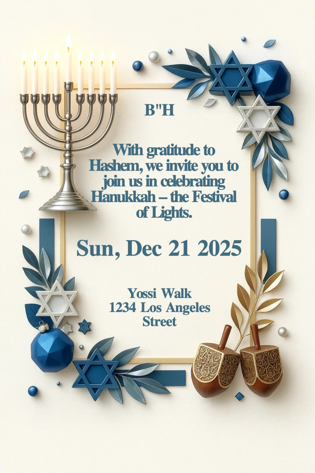 Jewish Hanukkah invitation card with menorah, Stars of David, dreidels, olive branches, and gold border.