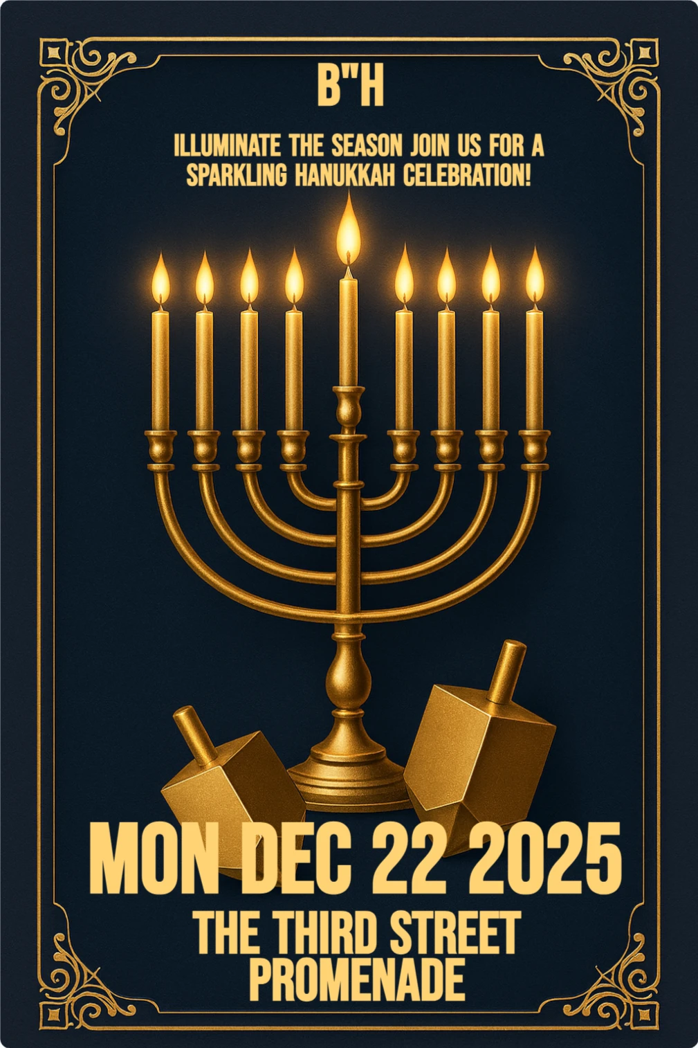 Photorealistic Hanukkah invitation card with gold menorah, lit candles, two gold dreidels, and ornate gold border on navy background.